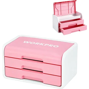 WORKPRO Mini Plastic Tool Box with 2-Drawer, Pink and White