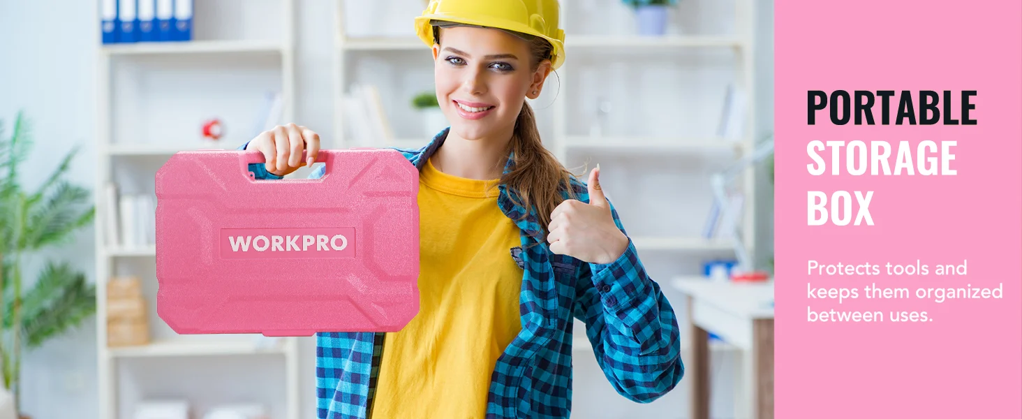 Portable storage box in pink held by a worker in a yellow hard hat, with innovation and quality shown