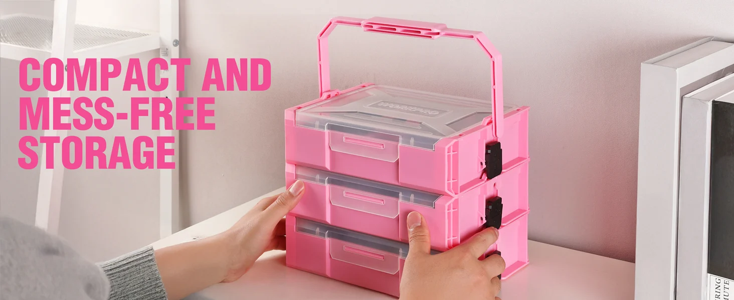 Pink stackable storage bins in a home setting, with innovation and quality, durable and secure latches