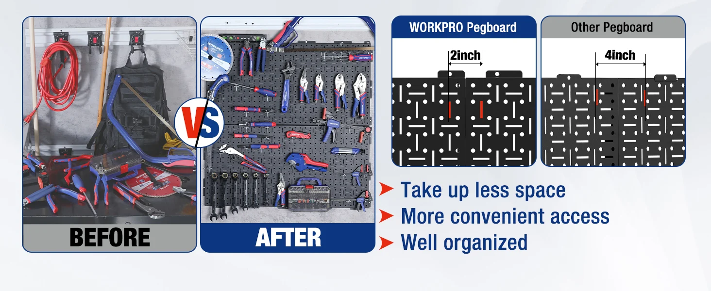Workbench pegboard before and after, showing organized tools and a WORKPRO Pegboard layout with convenient access