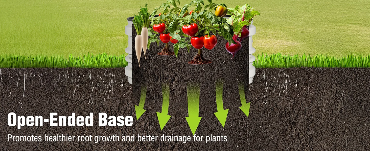 Garden bed diagram with plants above soil and green arrows showing open ended base drainage and root growth