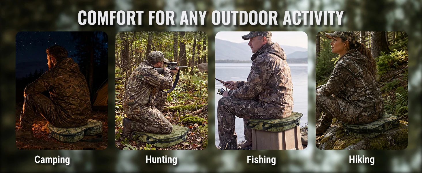 Outdoor activity collage with camping, hunting, fishing, and hiking scenes in camouflage gear, showing innovation and quality