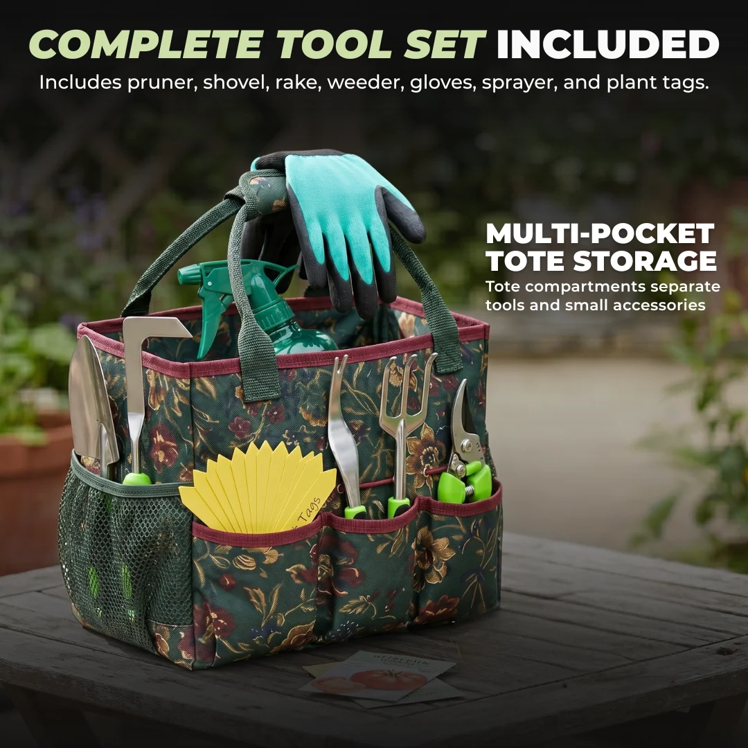 Gardening Tool Set with Storage Tote, Plant Tags, Gloves, and Sprayer
