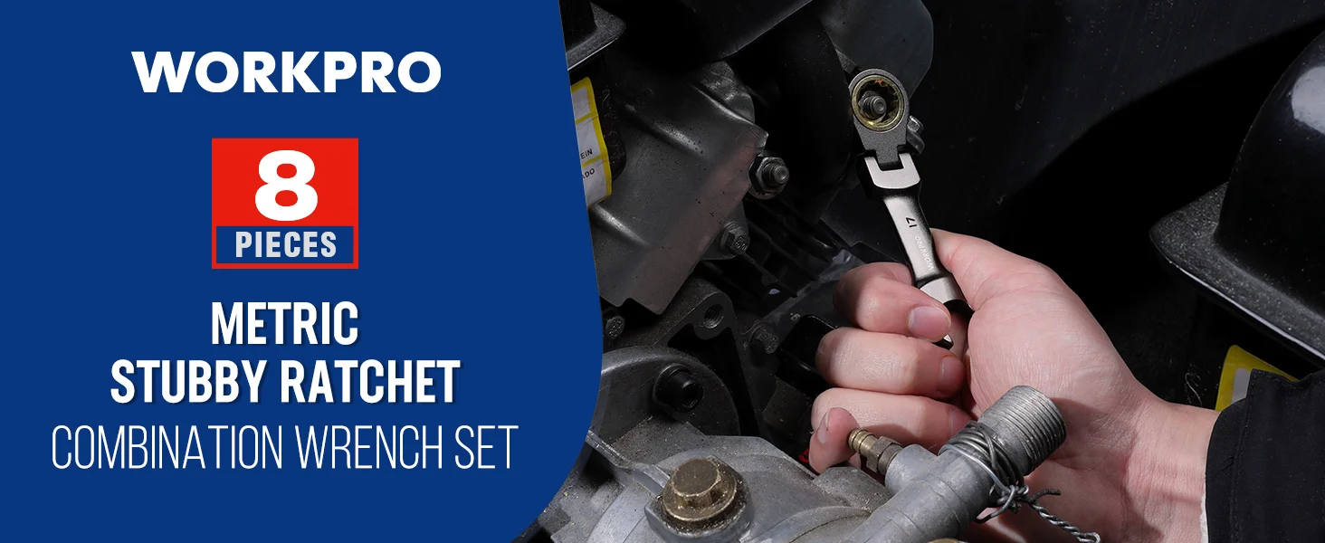 Metric stubby ratchet combination wrench set with 8 pieces, innovation and quality shown on a blue tool label