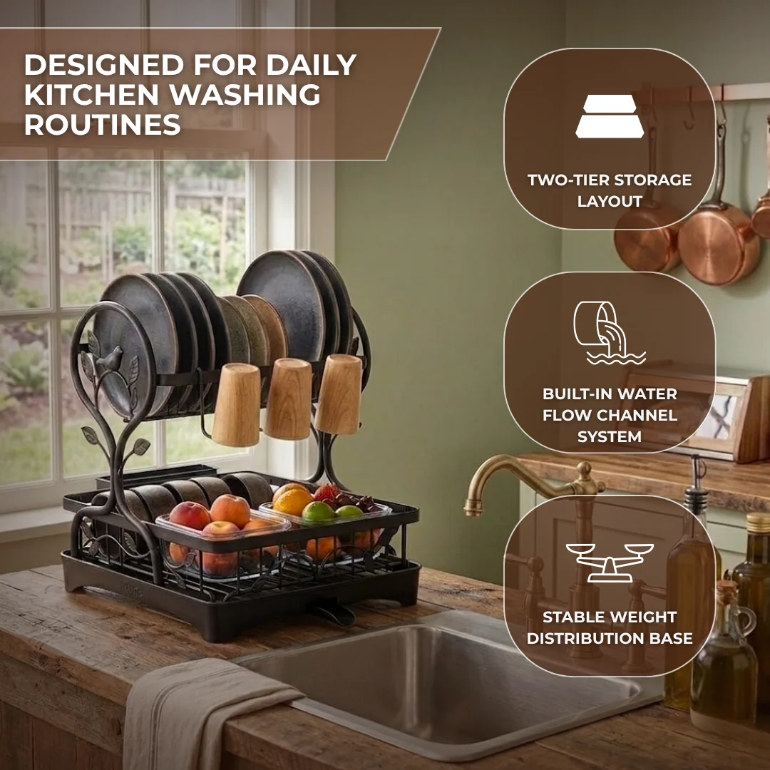Two-Tier Metal Dish Drying Rack with Drain Board and Cup Holders