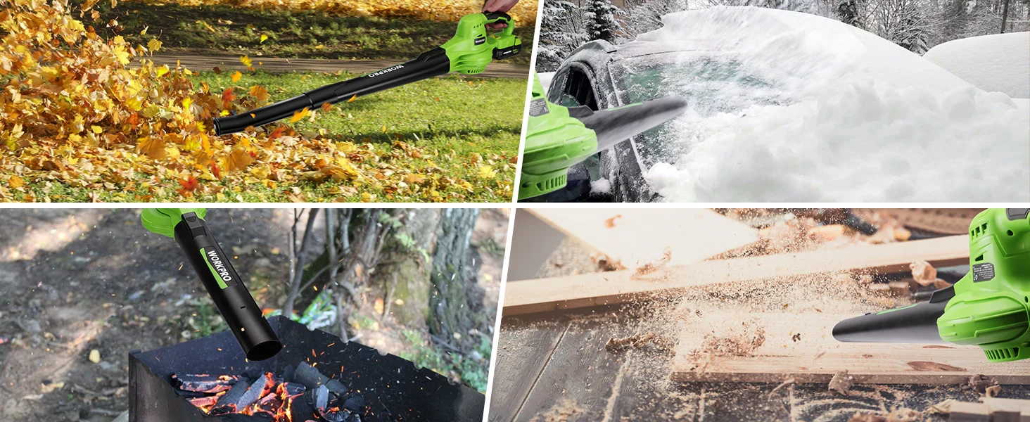 Outdoor power tools in green and black, with leaves, snow, and sparks showing innovation and durability