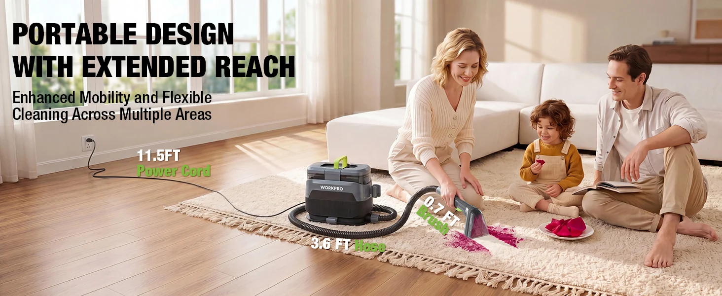 Portable vacuum cleaner with hose and power cord on a rug, family cleaning together in a bright living room