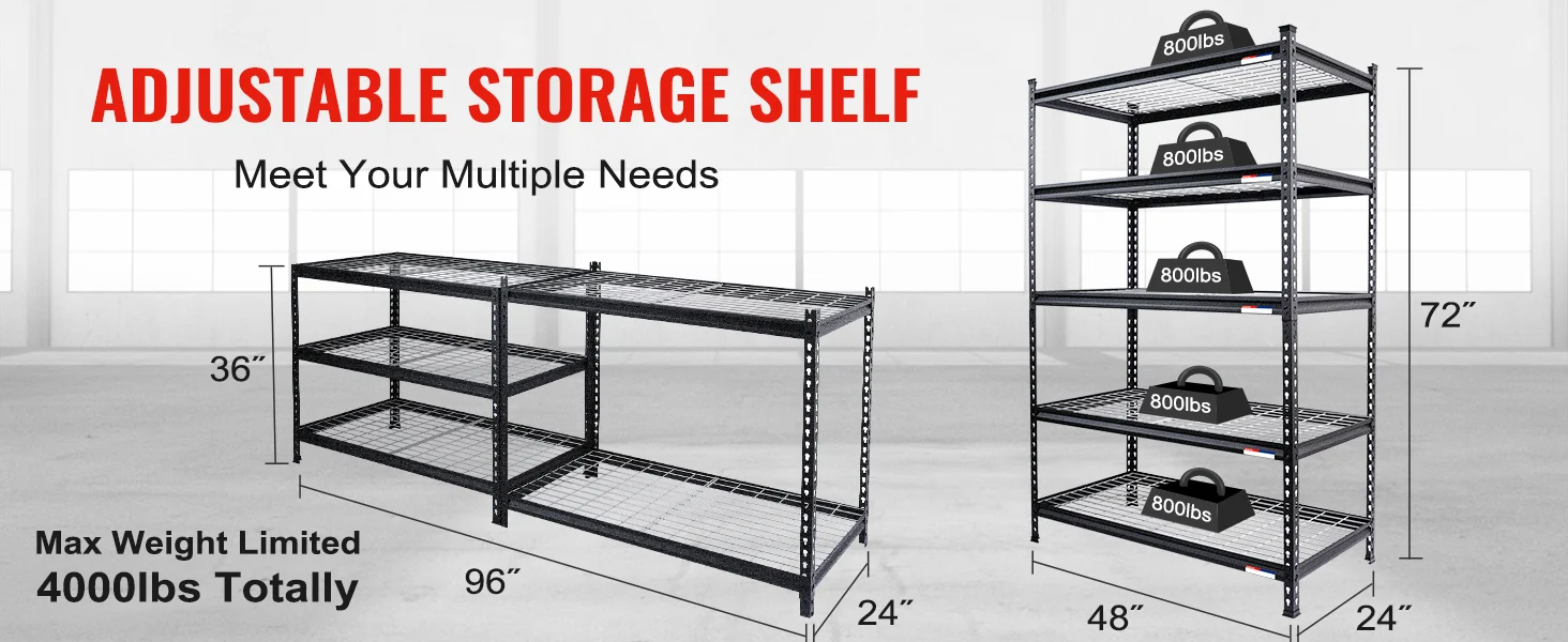 Adjustable storage shelf with black metal racks, labeled weight limits, and dimensions shown on a white background
