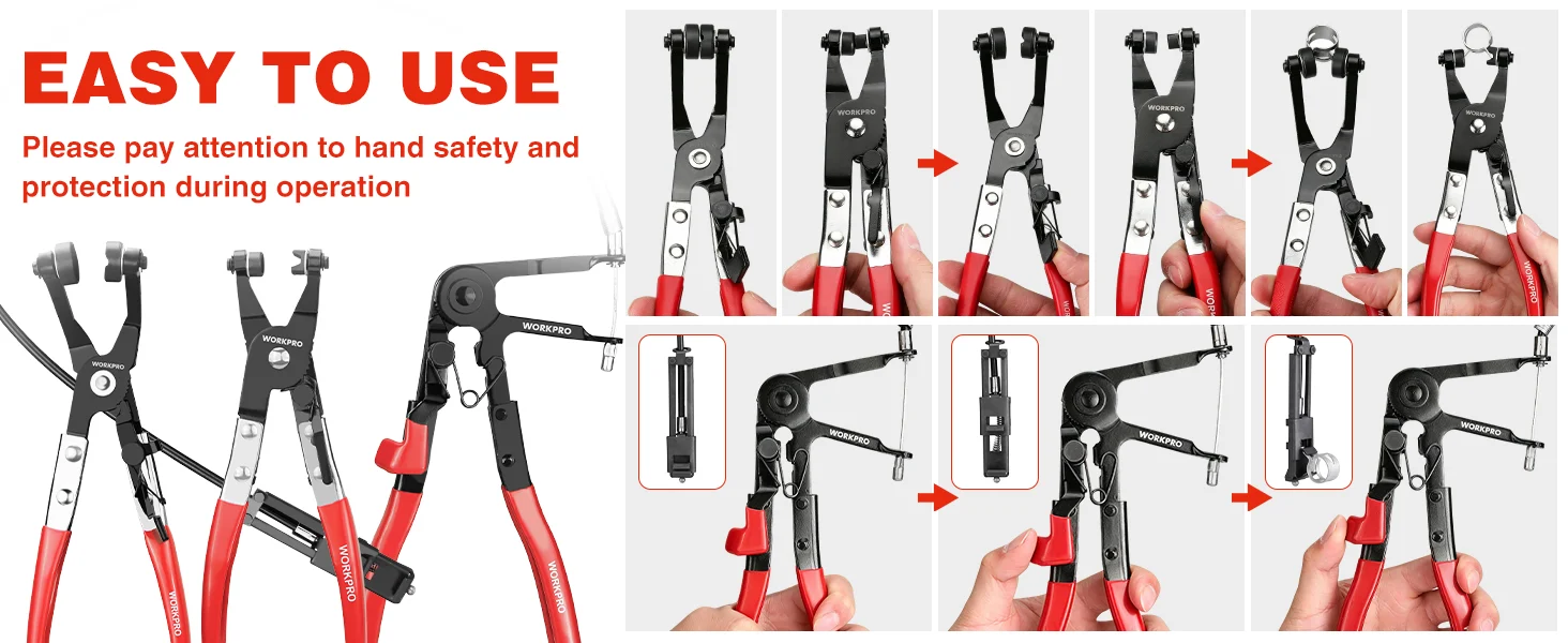 Hand tool pliers shown in steps with red and black handles, and arrows indicating safe operation