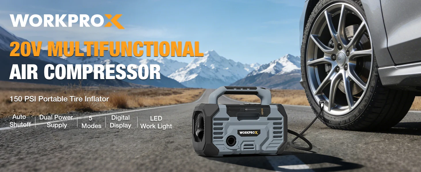 Portable tire inflator on a road by a car wheel, with innovation and quality shown in the rugged design