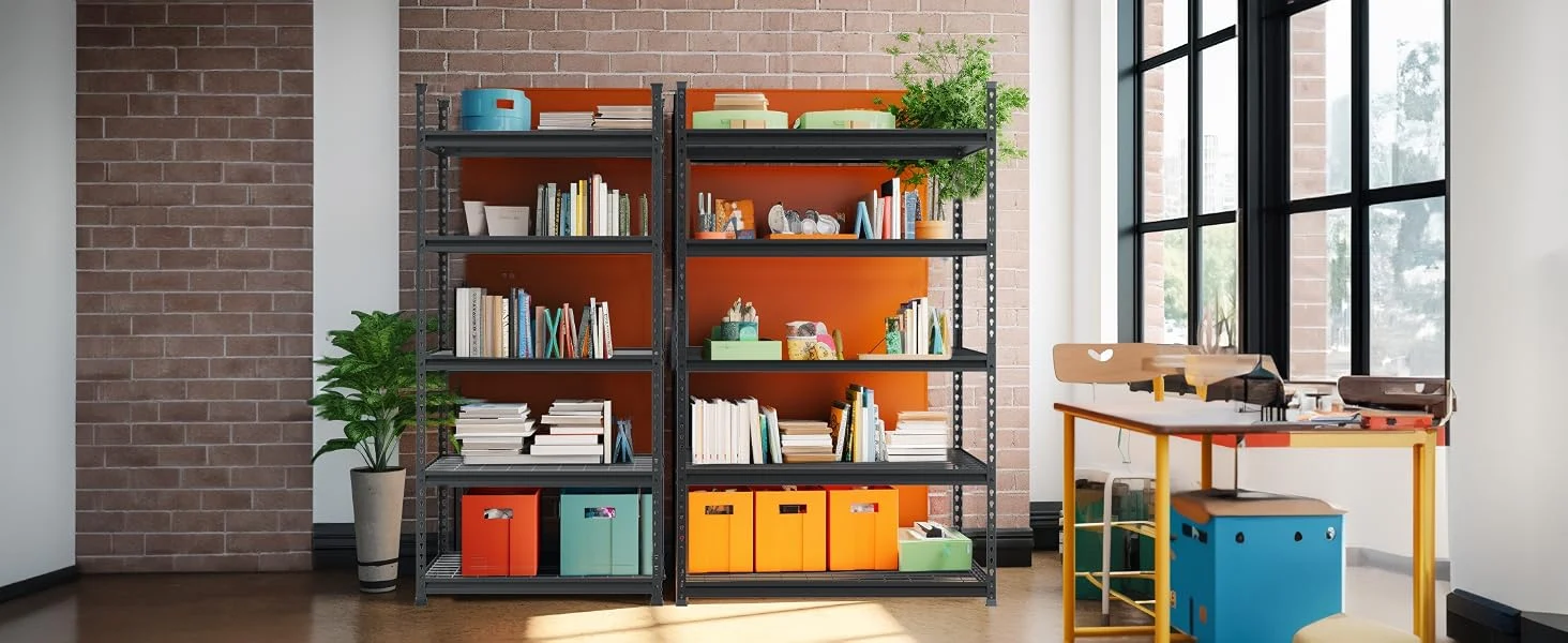 Metal shelving unit with books, folders, and storage bins in a bright office, with brick walls and windows