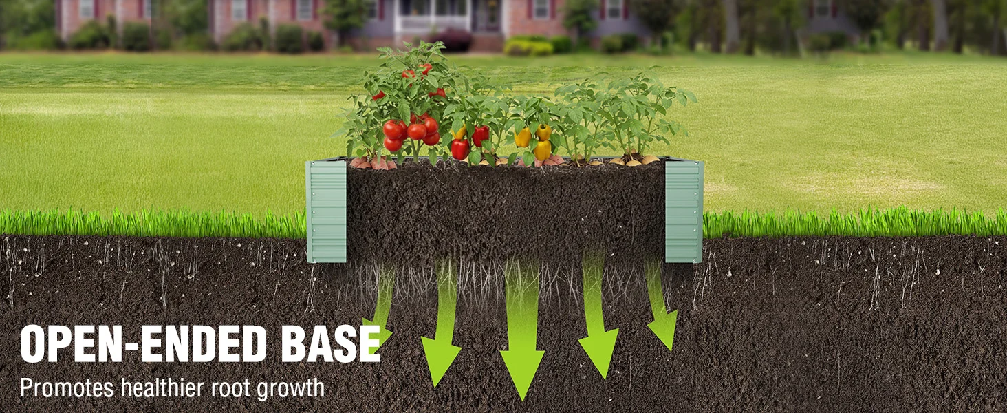 Garden base section with soil, green arrows, and a planter of tomatoes and leafy plants in a lawn setting