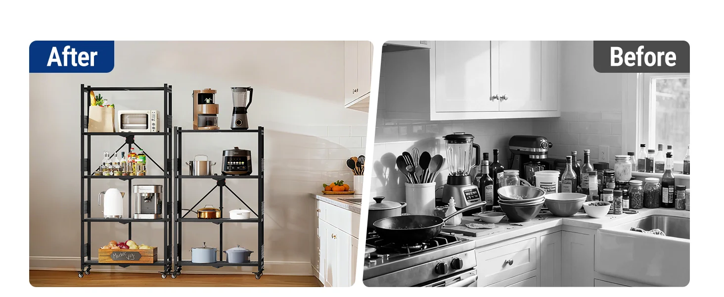 Kitchen storage cart labeled After and Before, showing organized appliances and cookware for innovation and quality