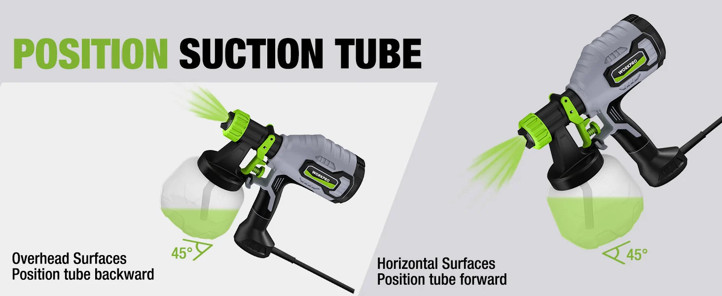 Position suction tube on a power tool with green and gray parts, showing overhead and horizontal forward angles