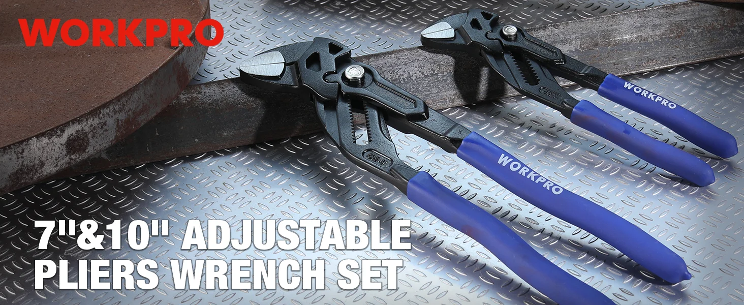 Workpro adjustable pliers wrench set on a diamond plate surface, with blue handles and metal jaws