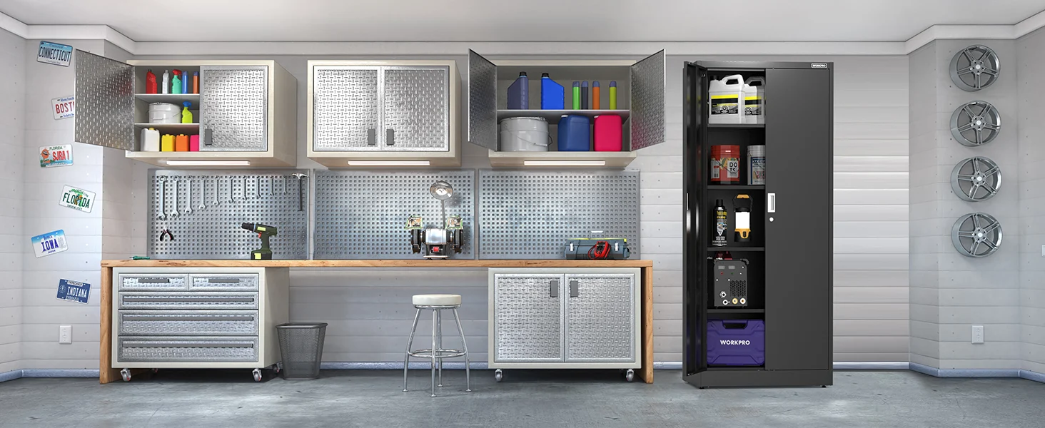 Workshop wall storage with pegboard cabinets, colorful bins, and an open secure durable cabinet door