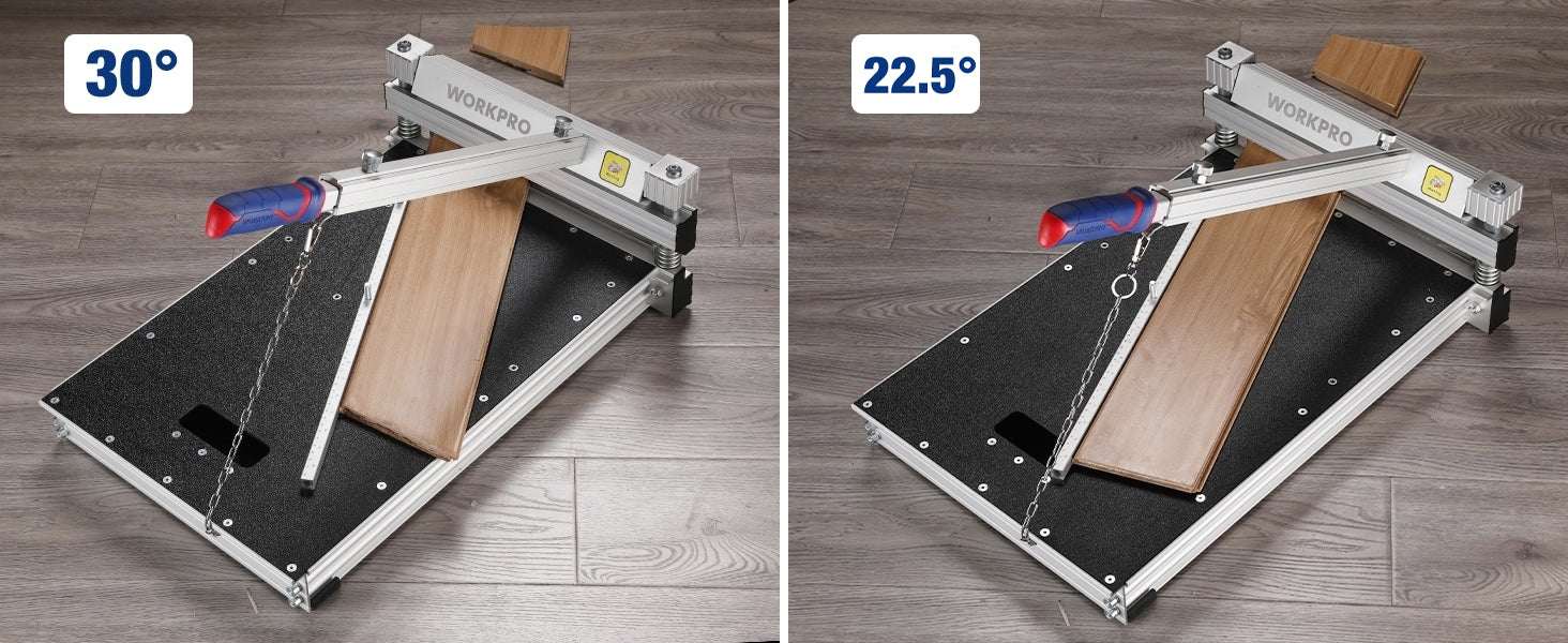 Metal tile cutting tool with wooden boards and black base, labeled 30 degrees and 22.5 degrees