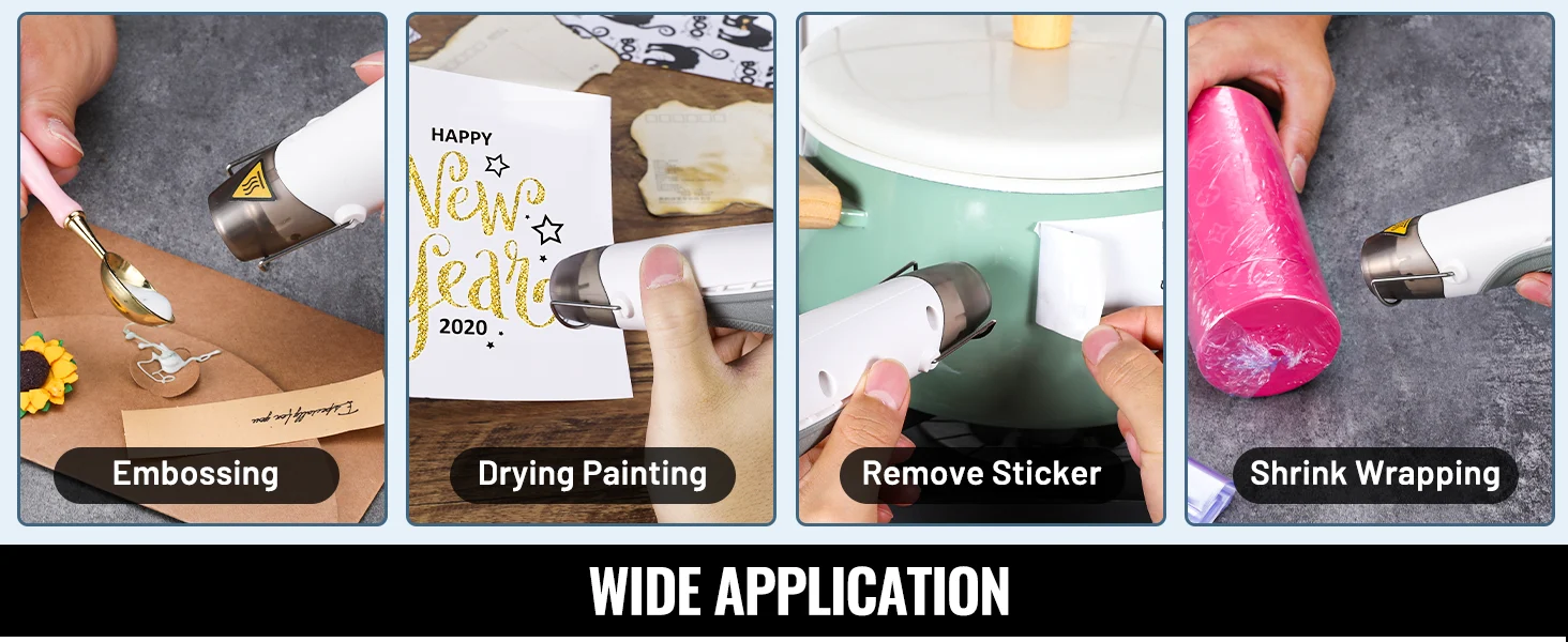 Hands using a craft heat tool for embossing, drying painting, removing sticker, and shrink wrapping on materials