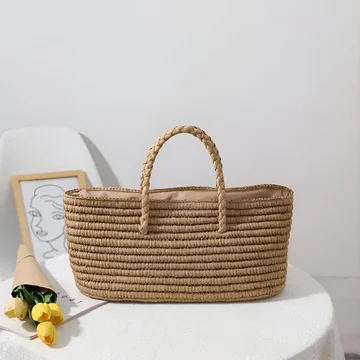 Tote Bag Handmade Straw Drawstring Pouch & Dual Handles