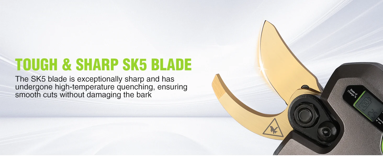 Pruning tool blade with innovation and quality, showing a curved SK5 blade and control screen in close-up