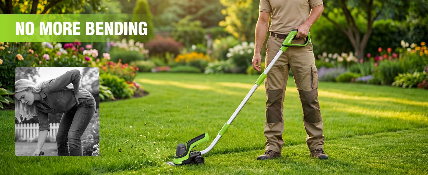 Garden lawn mower in a green yard with a person pushing it, with innovation and quality shown in text
