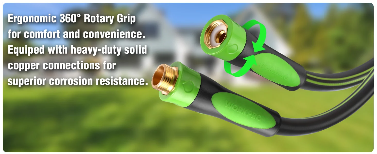 Durable garden hose connector with green and black ergonomic grip, showing innovation and quality in copper fittings