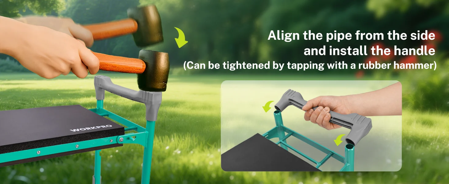 Garden tool with wooden handle and rubber hammer tapping, showing innovation and quality in outdoor setup