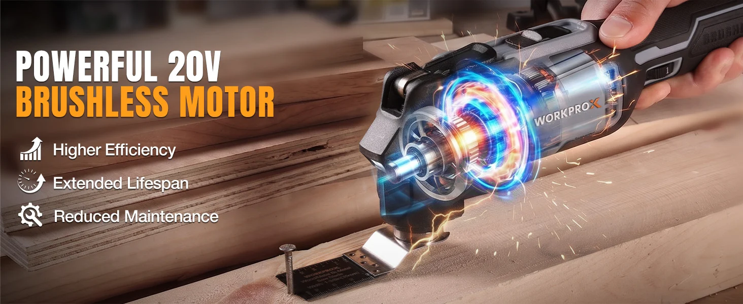 Power tool with glowing motor inside, cutting wood, showing innovation and high-quality construction details