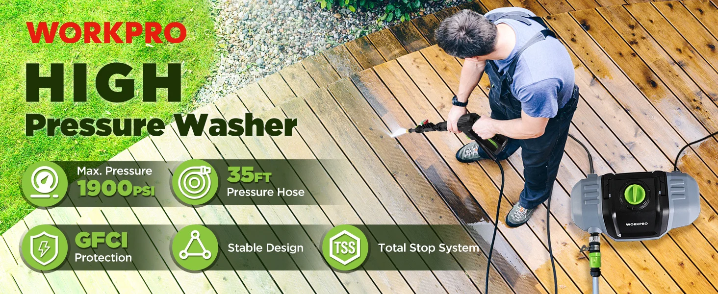 Pressure washer innovation and quality shown on a wooden deck, with a person cleaning and a green hose
