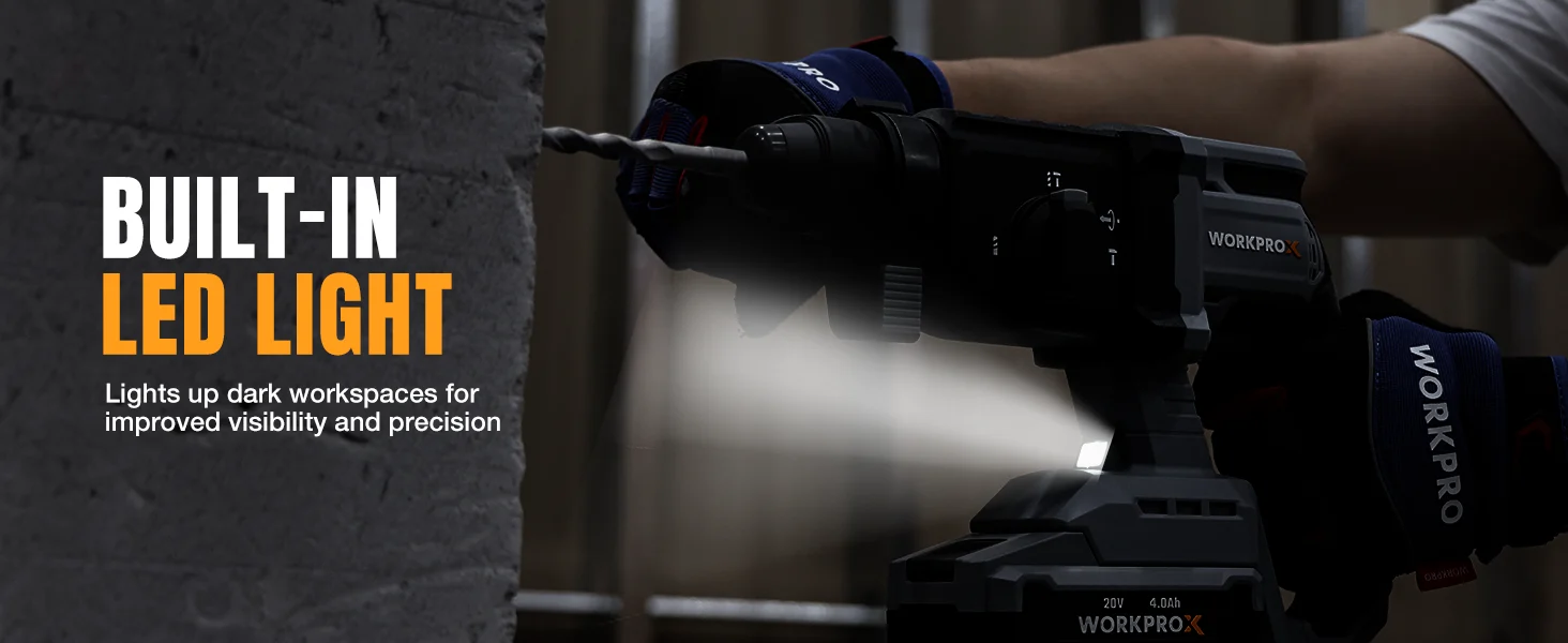 Power tool with built in LED light shining on a wall, showing innovation and quality in a work setting