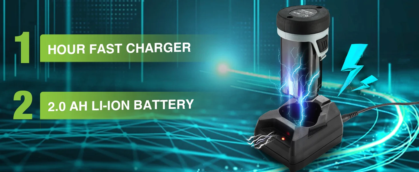 Innovation and quality shown on a fast charger with a 2.0 Ah battery, blue lightning, and secure power cues