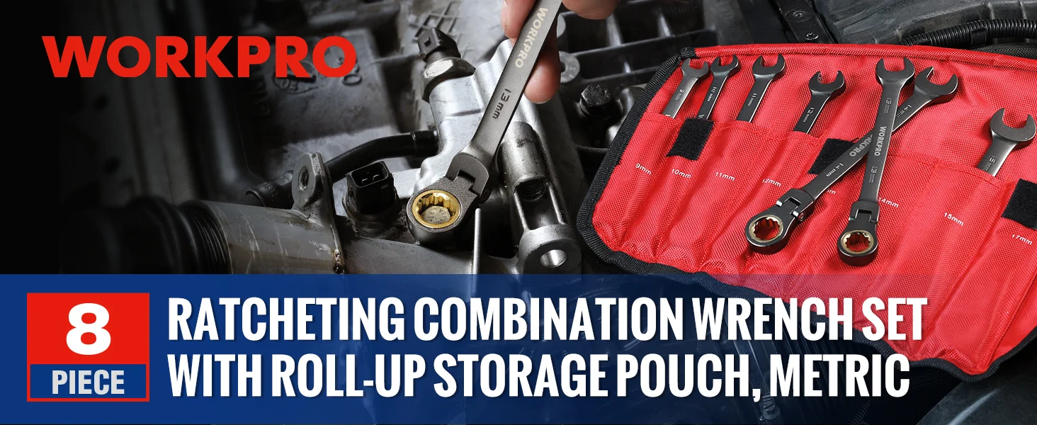 Ratchet combination wrench set with roll-up storage pouch, metric wrenches, and visible tool sizes on red fabric
