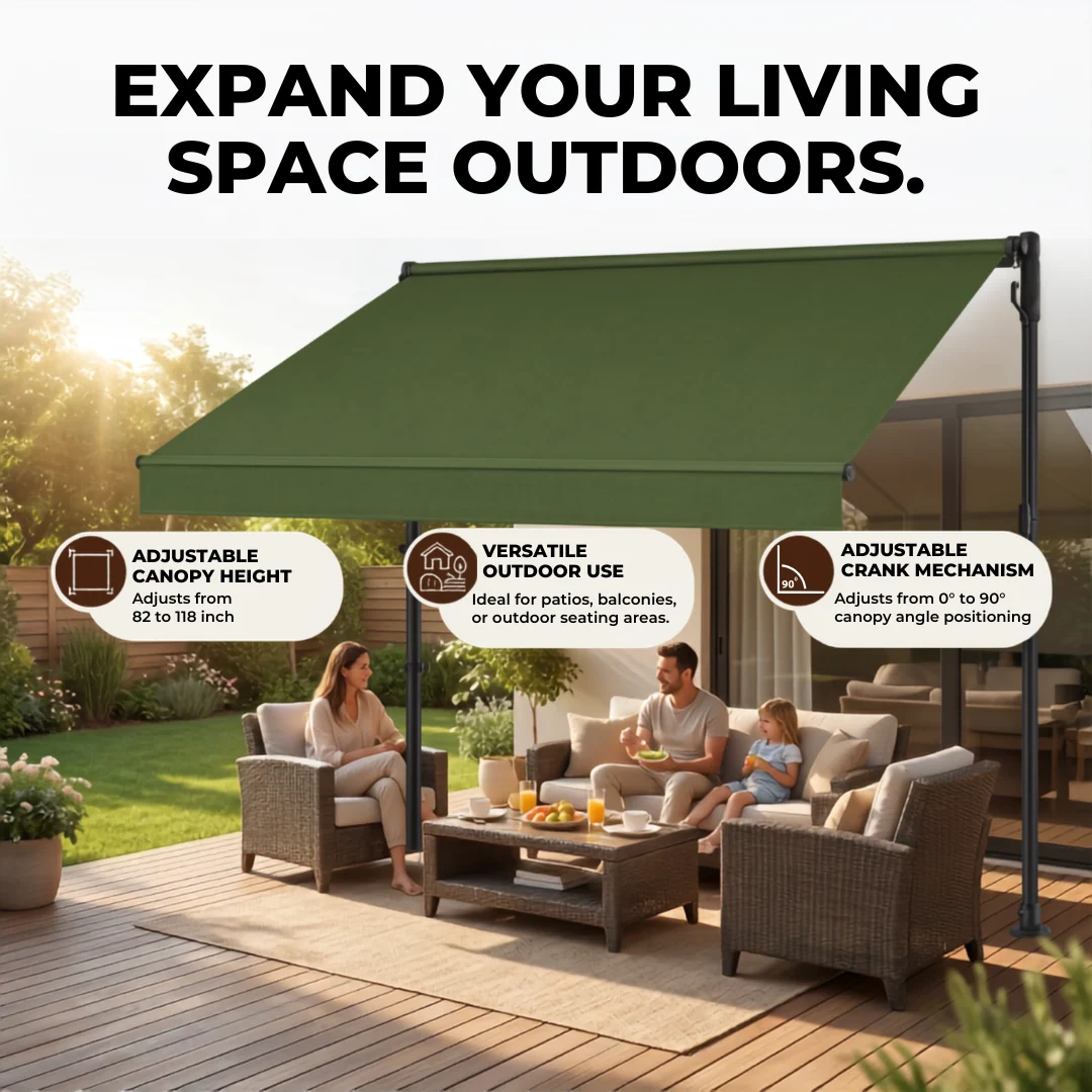 Manual Retractable Patio Awning 118 inch Height Adjustable Shade