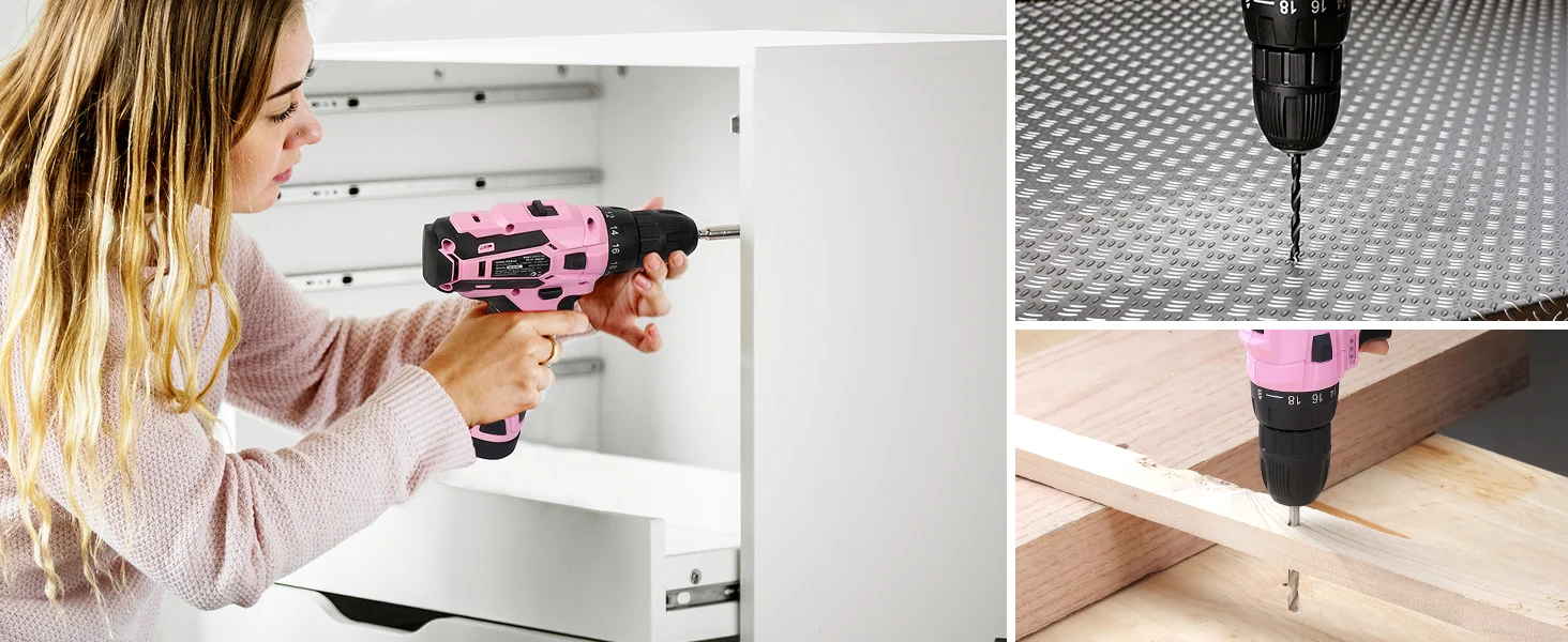 A woman using a pink cordless drill for cabinet installation, with innovation and quality in the workbench setting