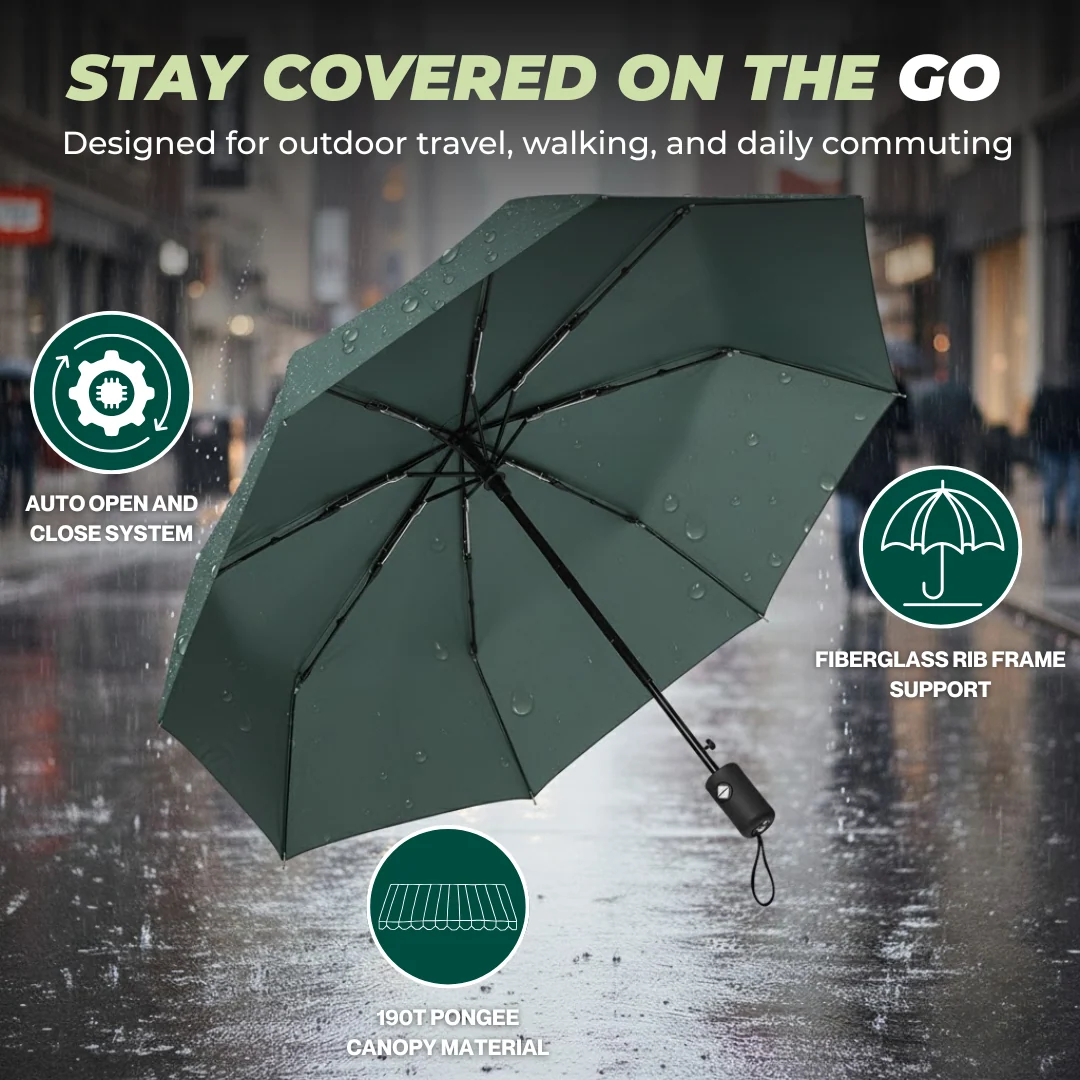 Folding Travel Umbrella with Auto Open Close and Fiberglass Ribs