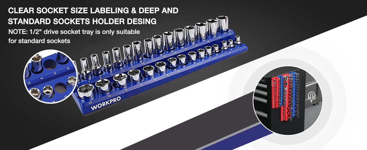 Socket set holder with chrome sockets on blue board, showing clear size labeling and standard socket design