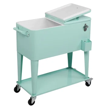 80Qt All-In-One Cooler Cart With Bottle Opener, Lower Storage Shelf and Cap Catcher, Outdoor Party Rolling Cooler With Lockable Wheels For Pool Side, Patio, Balcony, Mint(33.07 x 15.16 x 35.83)"