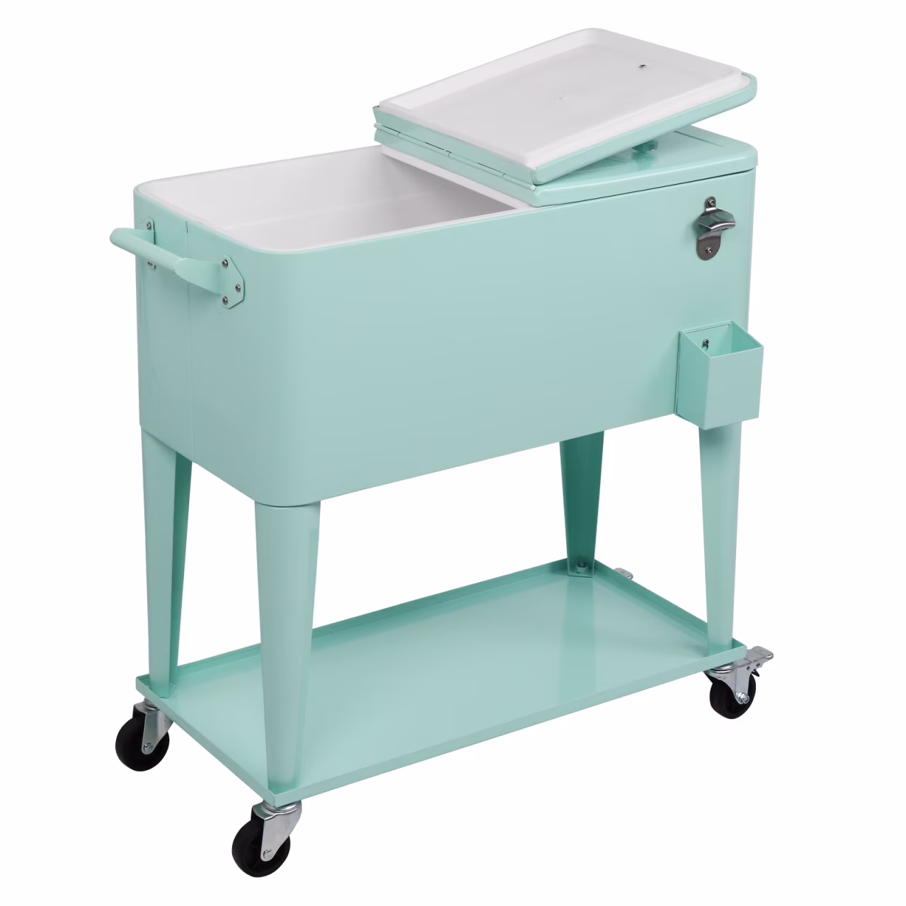 80Qt All-In-One Cooler Cart With Bottle Opener, Lower Storage Shelf and Cap Catcher, Outdoor Party Rolling Cooler With Lockable Wheels For Pool Side, Patio, Balcony, Mint(33.07 x 15.16 x 35.83)"