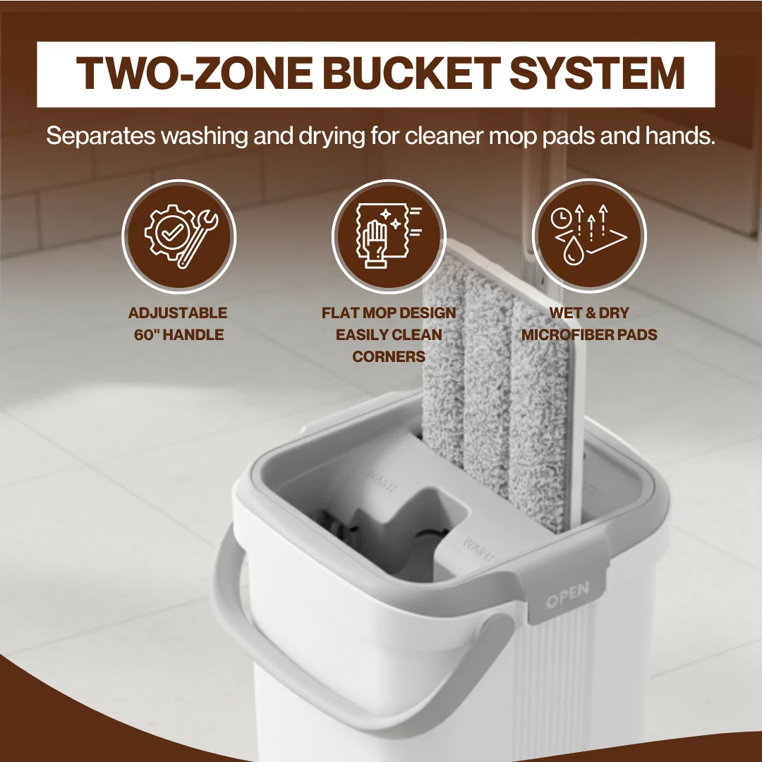 Flat Mop and Bucket Set with Microfiber Pads for Hardwood Floors