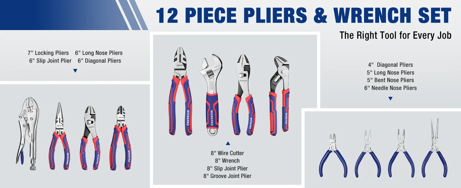 12 piece pliers and wrench set with red and blue handles, innovation and quality shown on the packaging