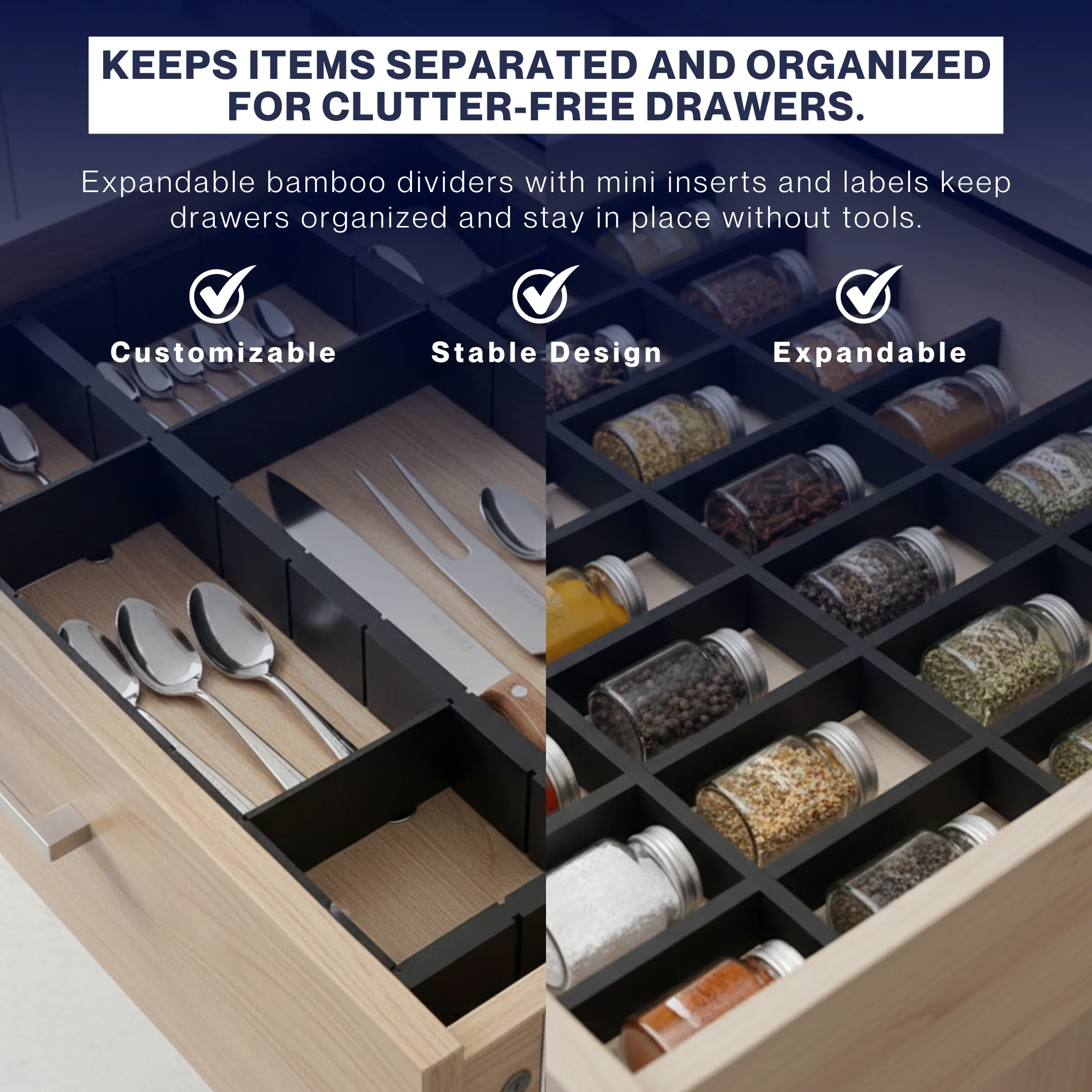 Bamboo Drawer Dividers with Inserts & Labels, Adjustable Organizers