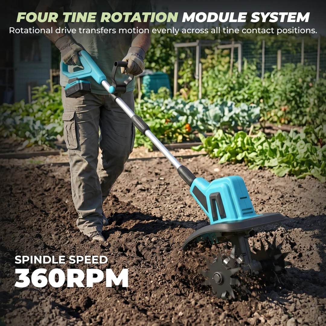 20V Battery Powered Garden Tiller Cultivator with Steel Tines Tools