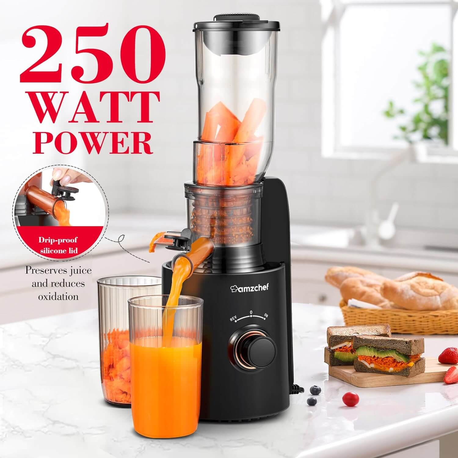 AMZCHEF Compact Slow Masticating Juicer 3" Wide Chute Black - Image 3