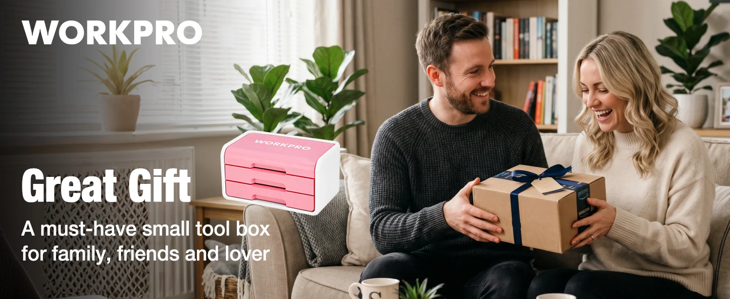 Couple on a living room sofa holding a wrapped gift box, with a pink small tool box and books in background