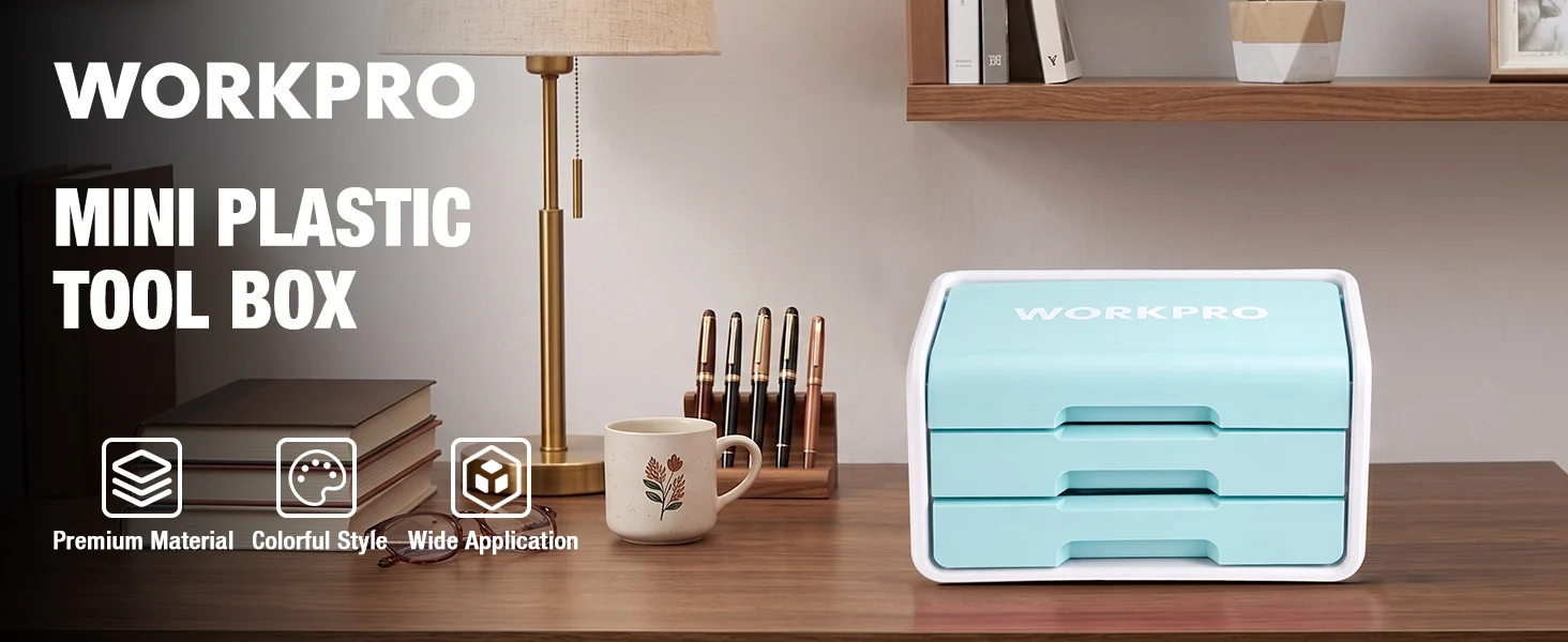 WorkPro mini plastic tool box in light blue on a desk with pens, books, and a lamp, showing innovation