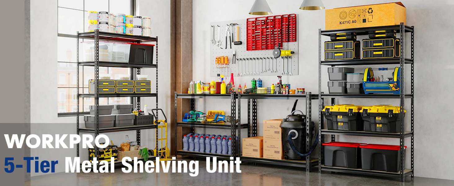 Metal shelving unit in a workshop with tools, bottles, and bins, showing innovation and quality organization