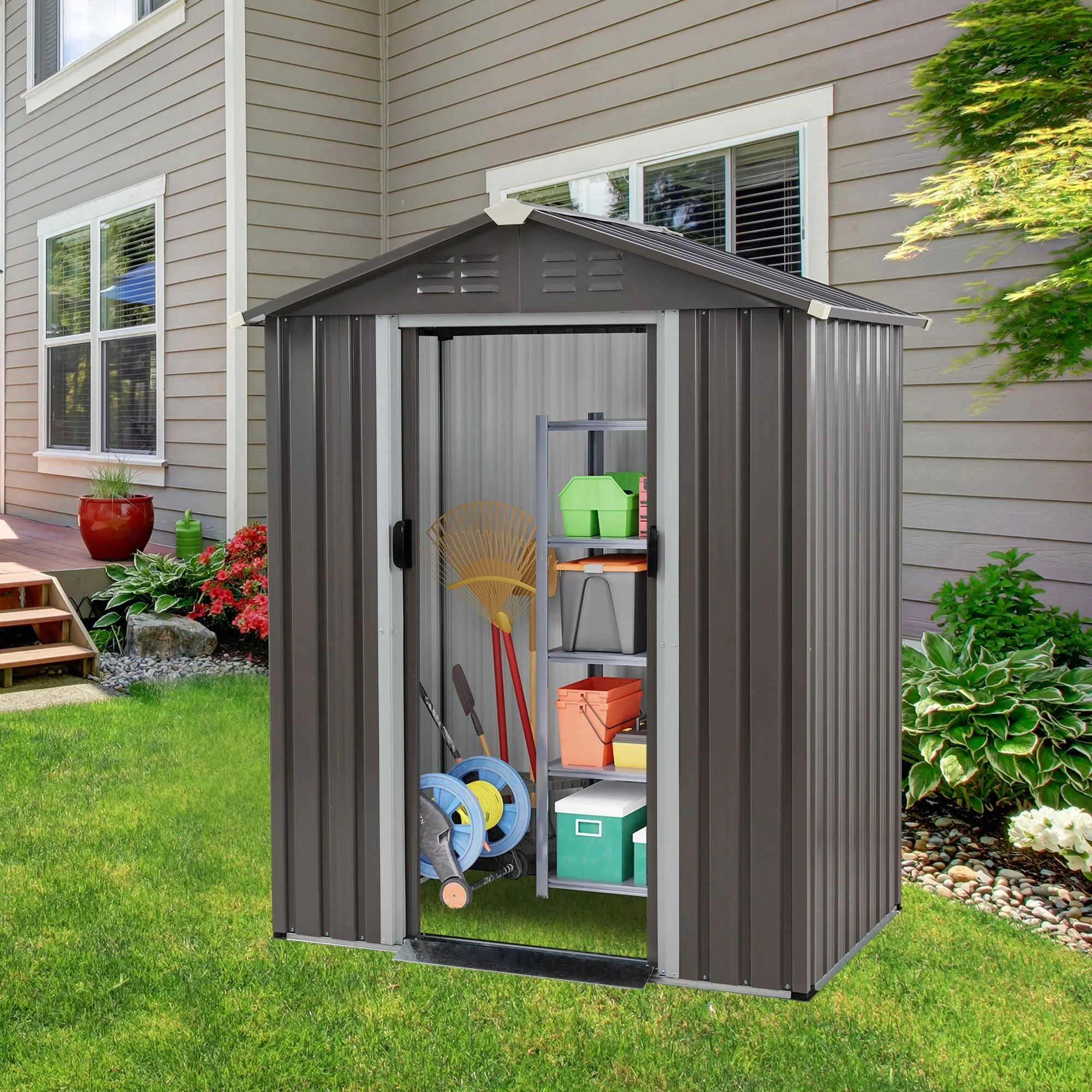 Sobaniilo 5'x 3'x 6' FT Outdoor Storage Metal Shed with Lockable Door, Tools Storage Shed Clearance, Outdoor House for Backyard Patio, Lawn and Garden, Gray - Image 4