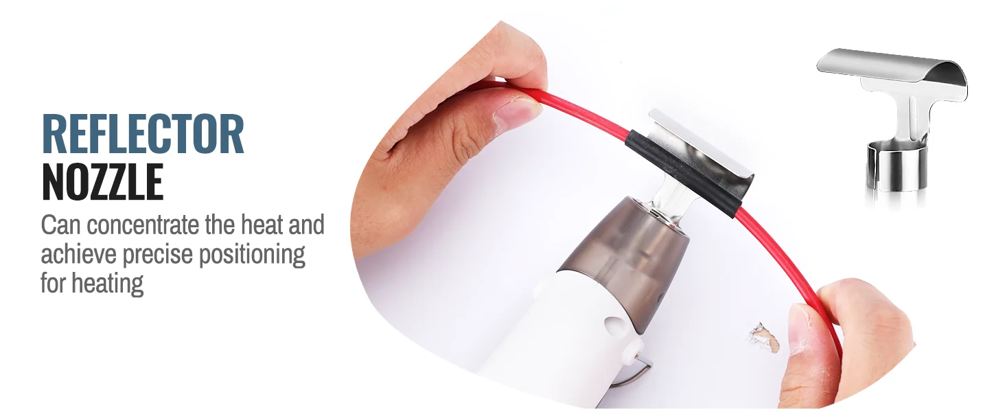 A heat gun with a reflector nozzle, showing innovation and quality with a red cable and metal tip