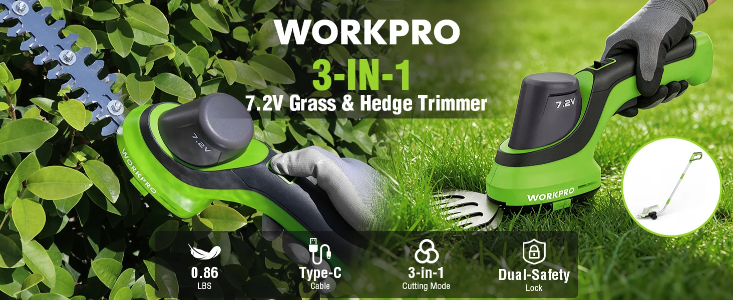 Grass and hedge trimmer with green and black body on lawn, showing innovation, quality, and secure features