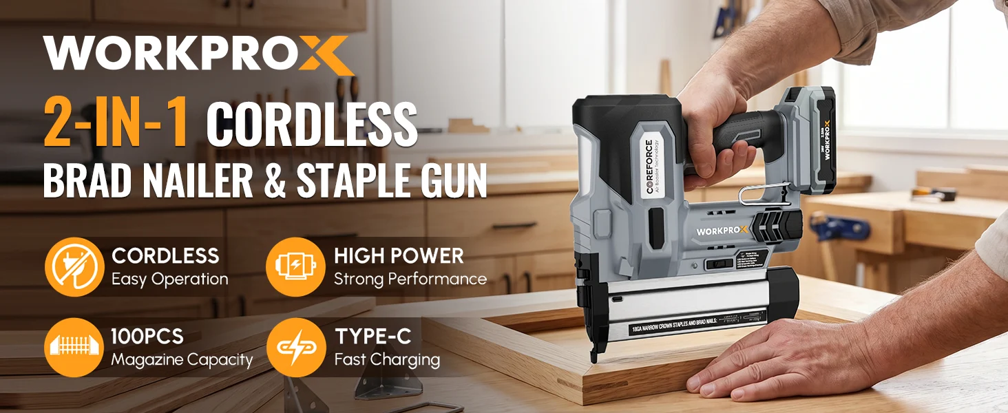 Cordless brad nailer and staple gun in a workshop, with innovation and durable quality shown on the packaging